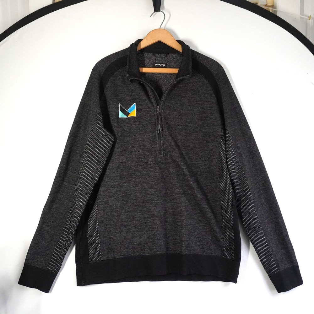 Proof Huckberry Quarter Zip Pullover Sweater Gray Black Marl Logo XL Mens Preppy